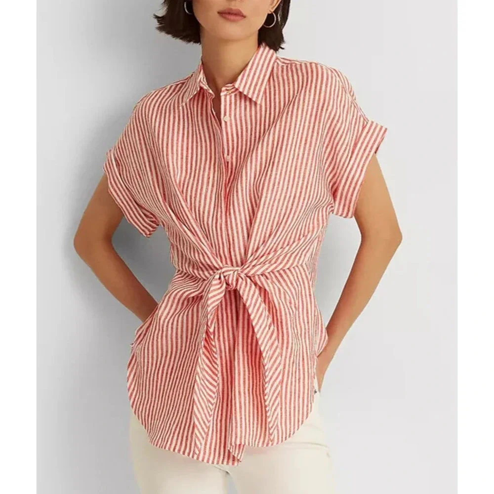 Lauren Ralph Lauren Striped Tie-Front Linen Shirt Red White Women's Plus Size 3X - Picture 1 of 10